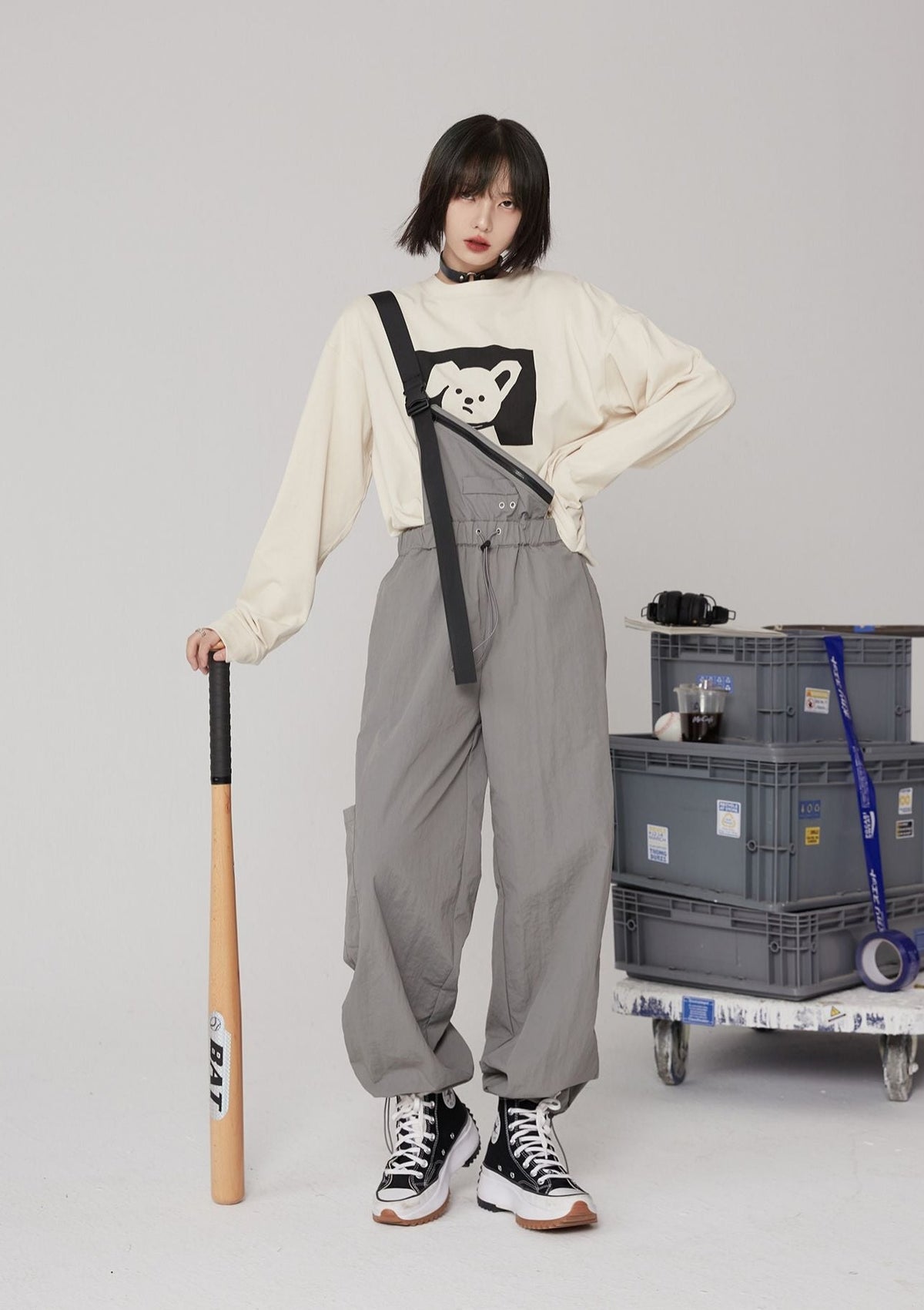 Gravity Museum single shoulder straps pants female summer thin section work pants unisex wind loose jumpsuit casual pants