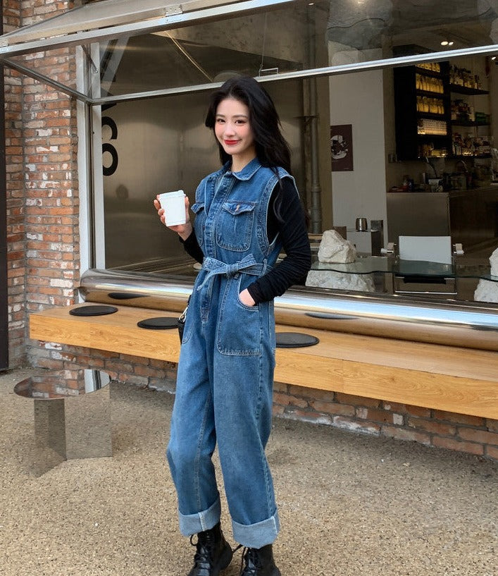 Hui Yan Ji Autumn sleeveless straight denim backpack pants women's 2022 new Korean version of the workwear one-piece wide leg pants